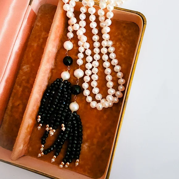 Lariat pearl necklace petite pearls high luster 18k GP hand knottedA0123 -1Q